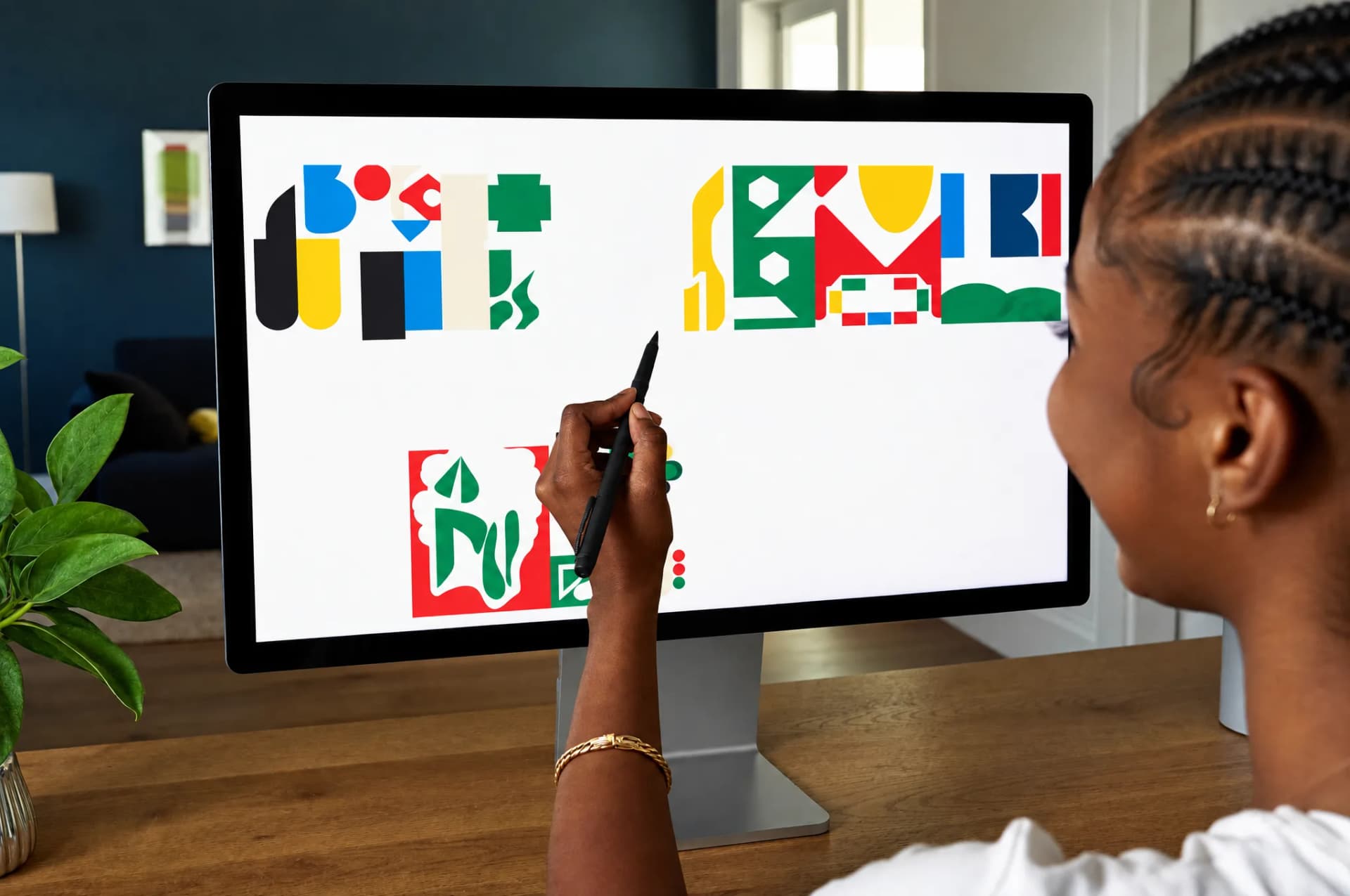 A creator designing a colourful digital template on a large monitor with a stylus